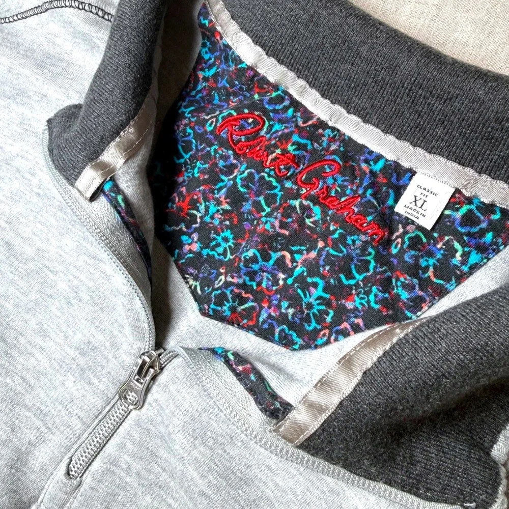 Robert Graham Pullover Mens XL Grey Excellent Quarter Zip Floral Trim Casual Lux